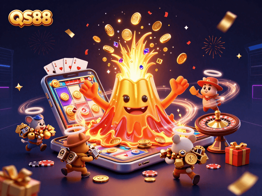 Experience the vibrant world of QS88 with a triumphant golden volcano erupting coins amidst a thrilling casino scene.