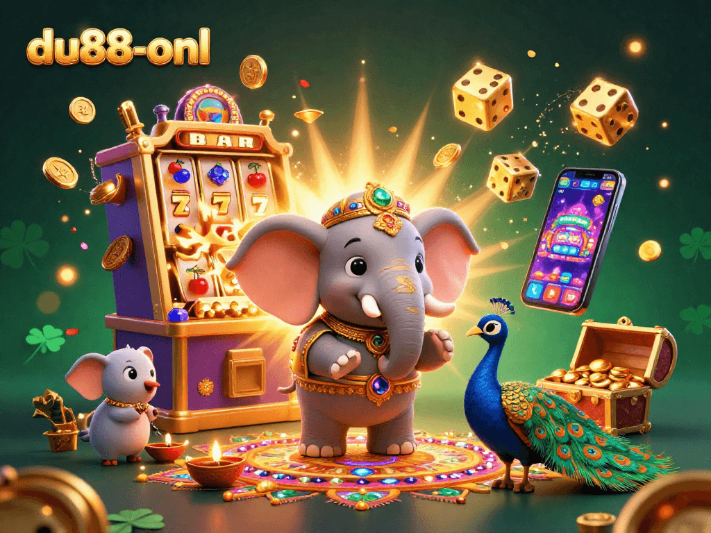 Experience du88-onl's vibrant slots with a joyful elephant and peacock amidst winning symbols!
