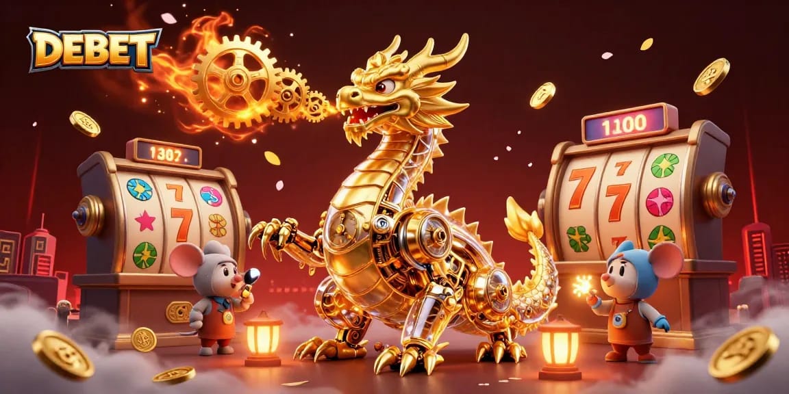 Experience thrilling slots with DEBET as a golden dragon breaths gears and cogs amidst vibrant symbols.