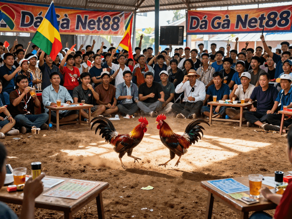 Exciting Đá Gà Net88 cockfighting scene with vibrant roosters and an engaged crowd.