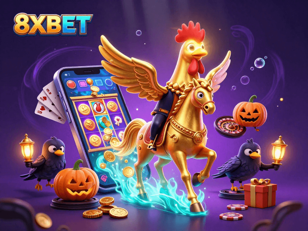 8XBET showcases a vibrant casino scene with a golden rooster headless horseman amidst jackpot excitement.