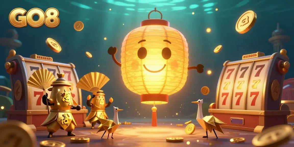 Join the fun at GO8's vibrant casino atmosphere featuring an animated golden spirit and gaming elements.