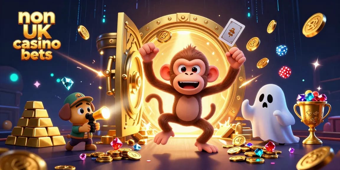 Engage with the excitement of non UK casino bets featuring a playful ghost-hunter and a juggling monkey amidst golden treasure.