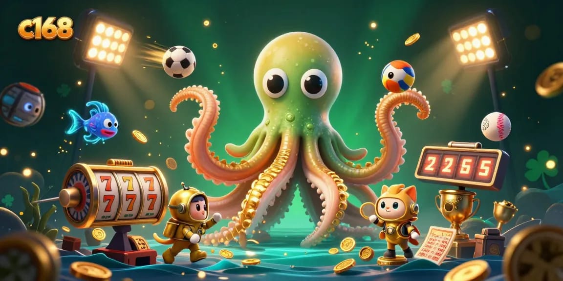 C168 engages players with a thrilling casino adventure featuring a colossal kraken and vibrant slot game excitement.