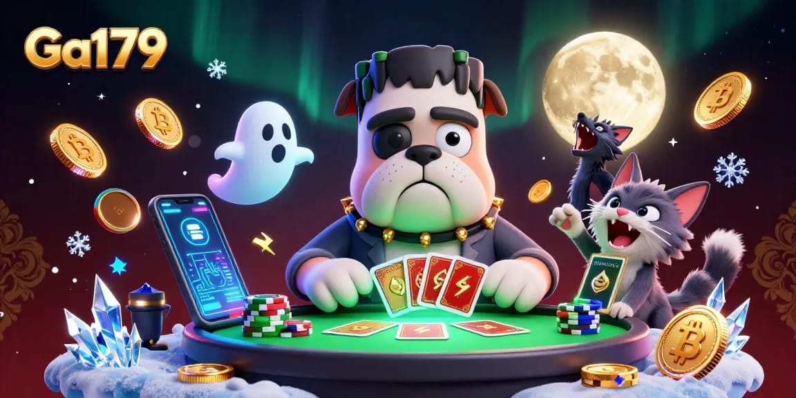 Engage with Ga179 by playing card games at a haunted-themed table, featuring a spooky bulldog and ghost mouse.