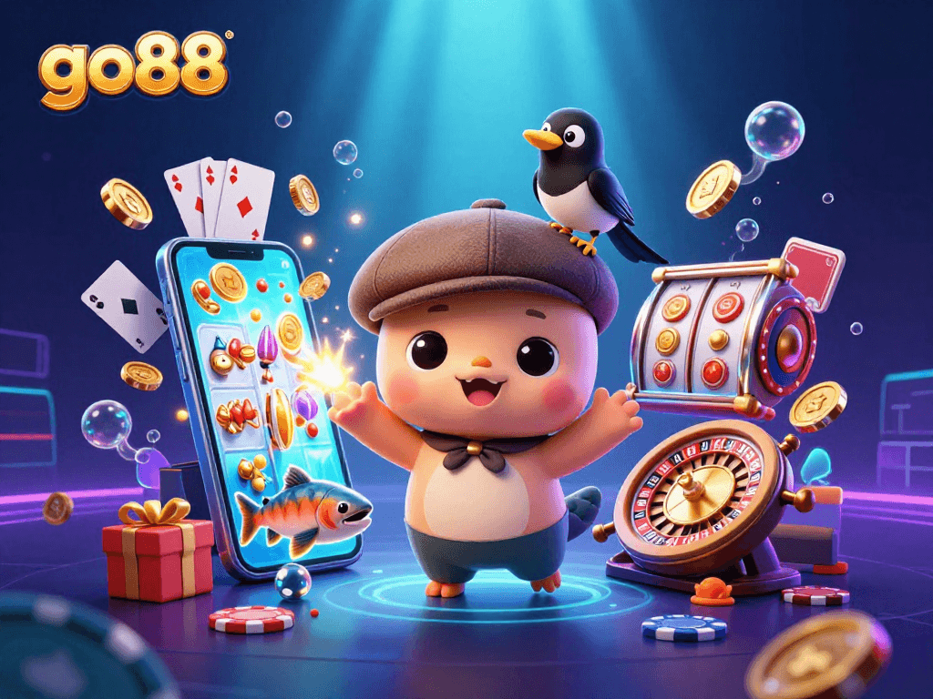 Spin to win with go88 in a lively 3D casino scene showcasing cartoon characters and slot game elements.
