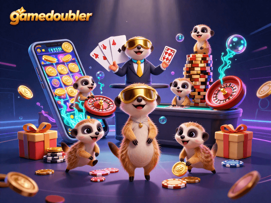 Experience thrilling gameplay at gamedoubler with meerkats managing a vibrant casino scene.