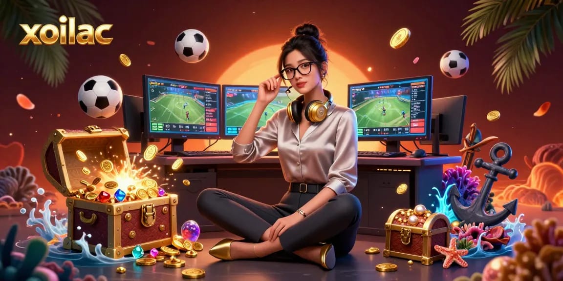Engage with live sports betting on xoilac, featuring dynamic gaming setups and vibrant visuals.