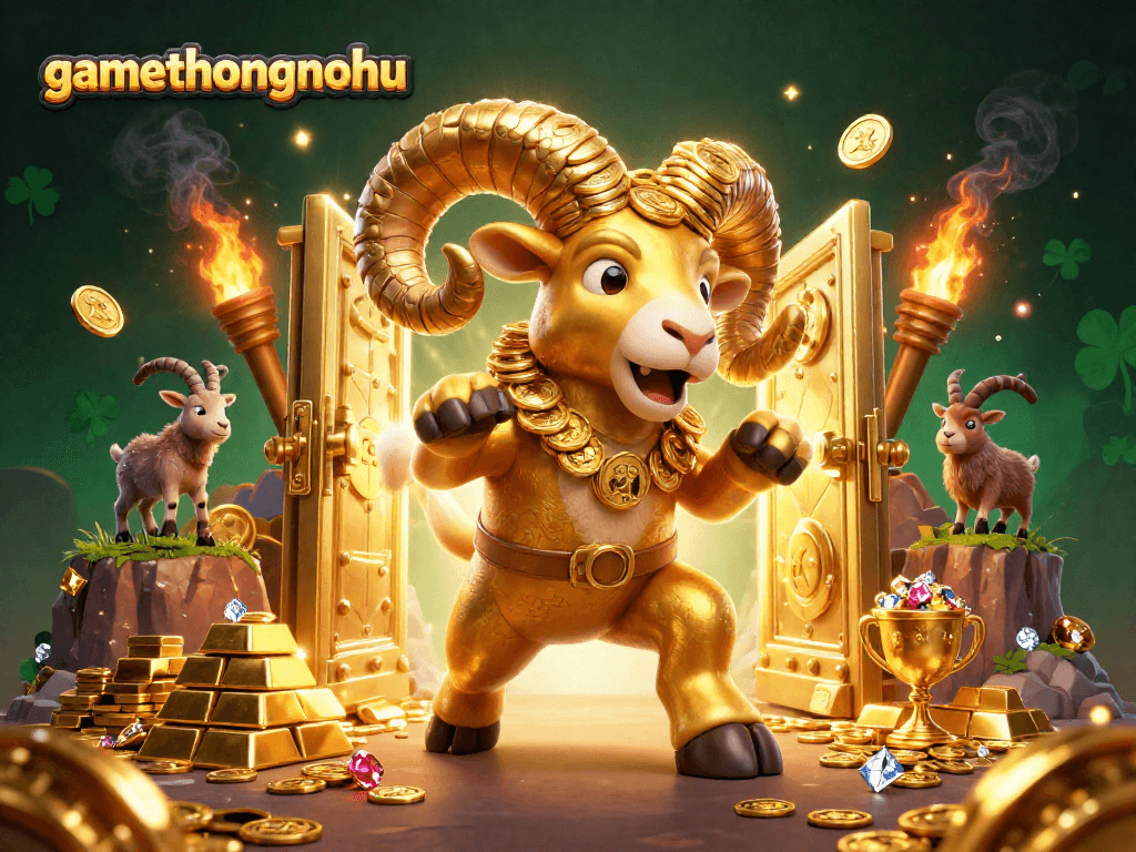 Experience the thrill of gambling with gamethuongnohu in a vibrant, dynamic casino scene featuring a golden ram.
