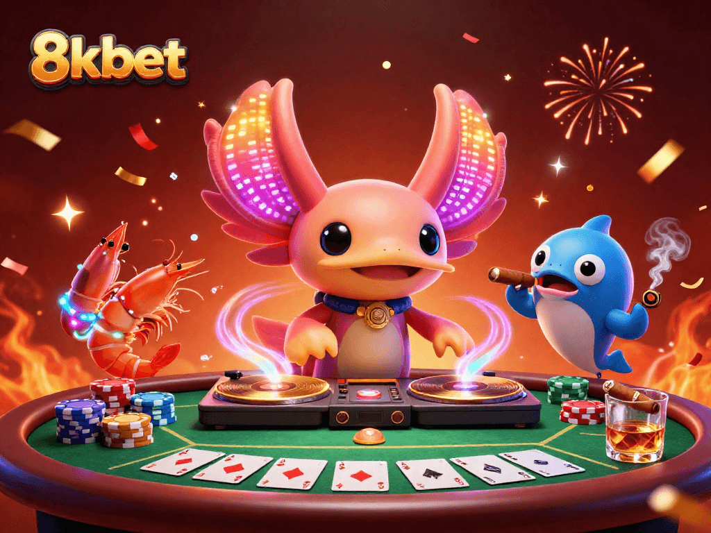 Experience the thrilling gaming atmosphere of 8kbet with vibrant characters and dynamic casino elements.