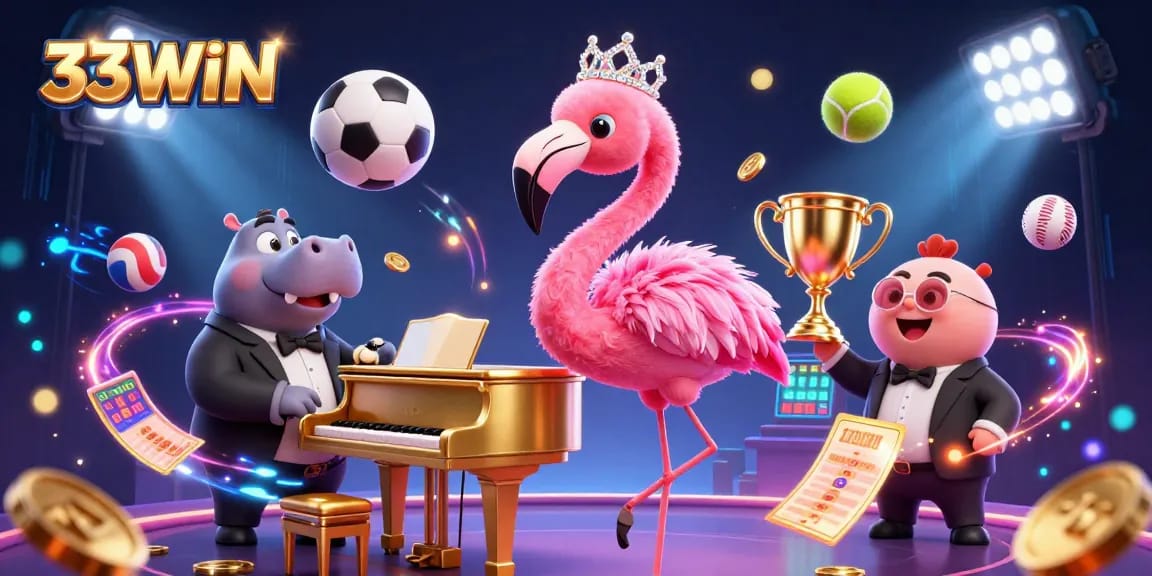Engage with 33WIN, capturing the thrill of a dynamic casino scene with animated characters and sports elements.