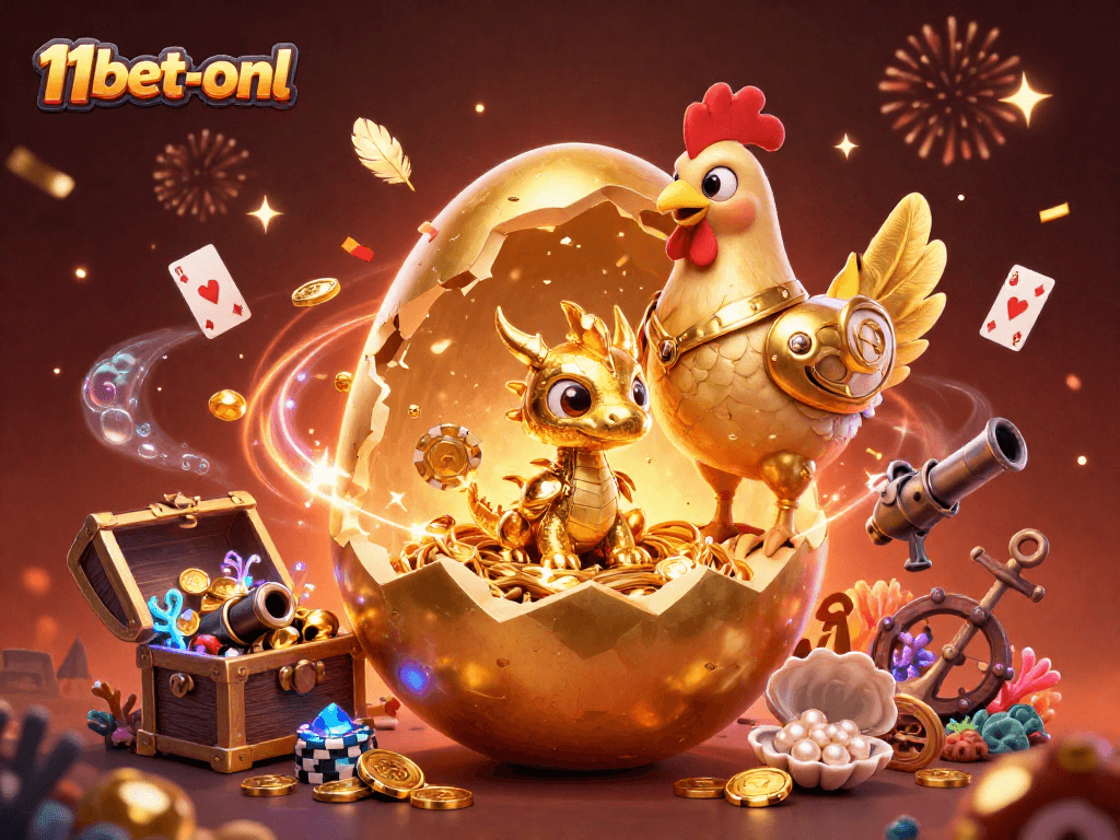 Experience a thrilling scene at 11bet-onl featuring a golden baby dragon amid poker chips and treasure.