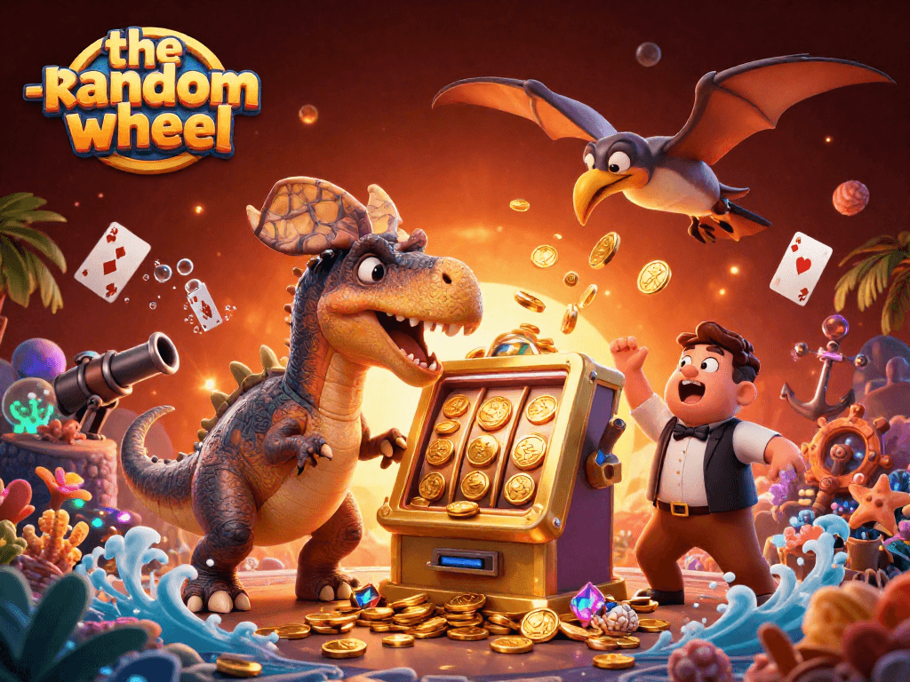 Watch the-random-wheel activate jackpots as characters interact in a vibrant casino scene.