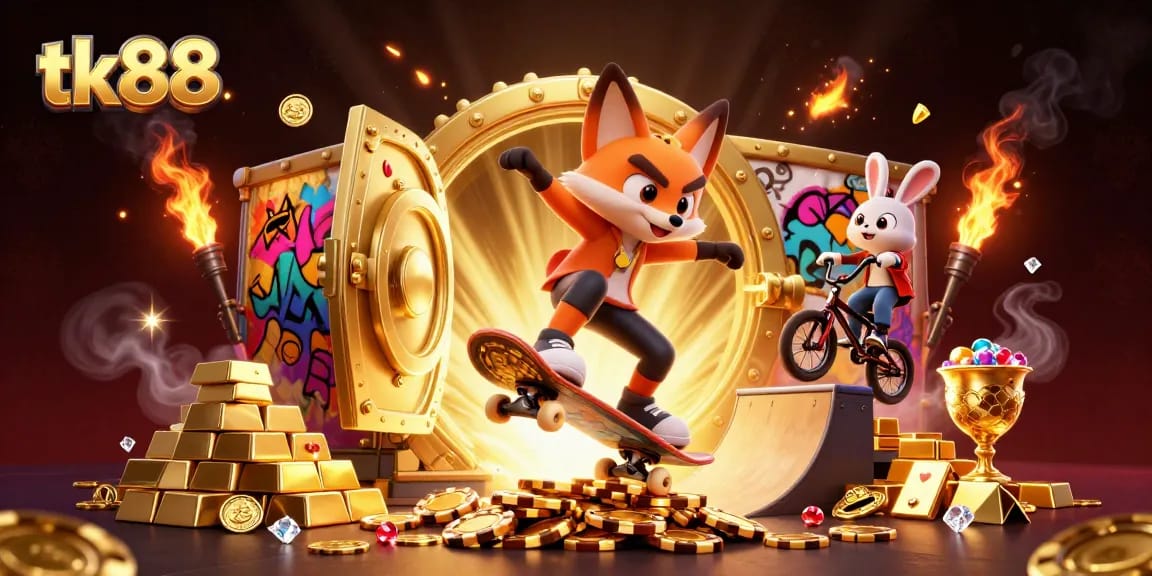 tk88's thrilling slots come alive as a fox and rabbit execute dynamic tricks amidst a casino-themed backdrop.