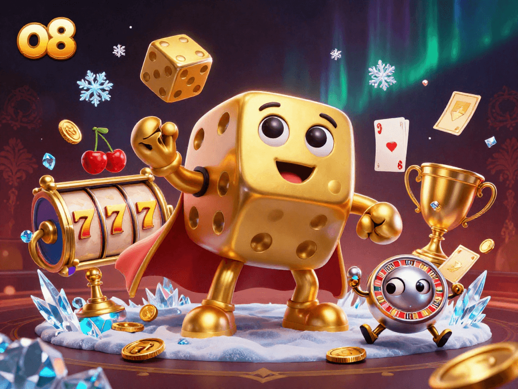 Play exciting slot games with o8's vibrant 3D golden dice character amidst rich casino elements.