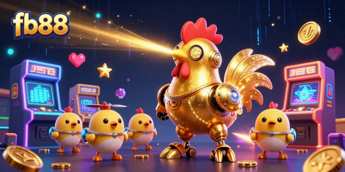 Engage in exciting experiences at fb88 with a lively 3D casino illustration featuring a golden rooster robot.
