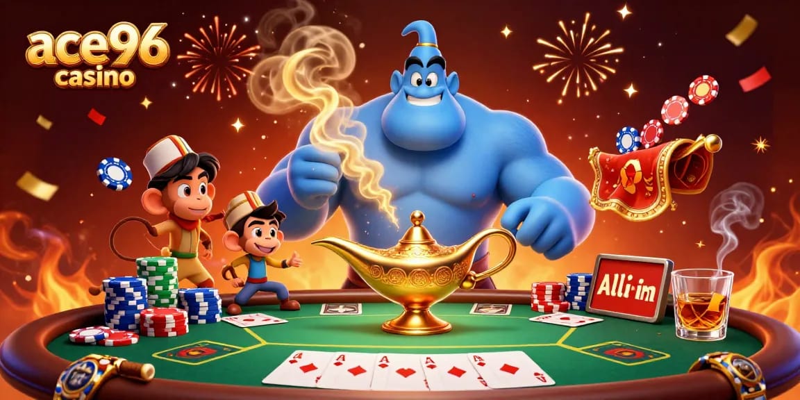 Experience the excitement of ace96 casino with a vibrant illustration of a genie and poker elements.