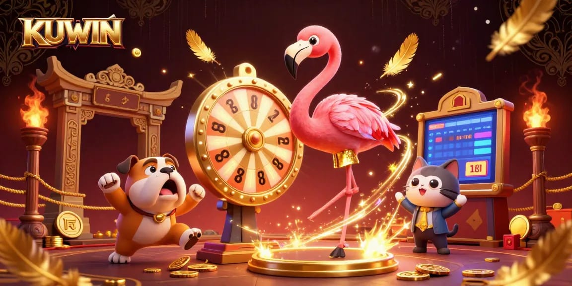 KUWIN offers an energetic scene featuring game show elements and lively characters in a casino atmosphere.