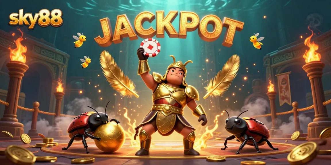 Engage in thrilling gameplay at sky88 with a cartoon beetle duo in a vibrant casino setting.