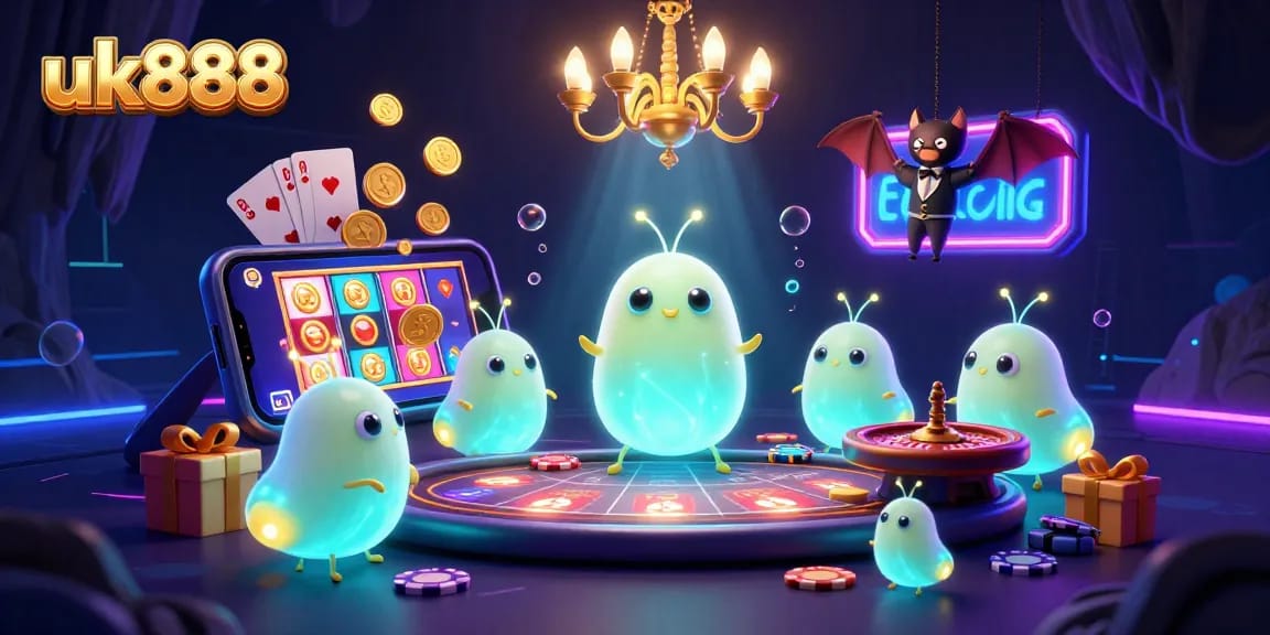 Engage with uk888's vibrant cave casino illuminated by glowing creatures, featuring dynamic gaming elements.