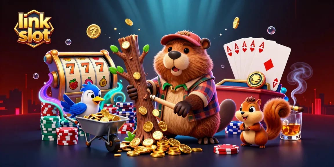 Menang besar di permainan slot link slot: ilustrasi kartun 3D berang-berang penebang kayu dengan teman burung.