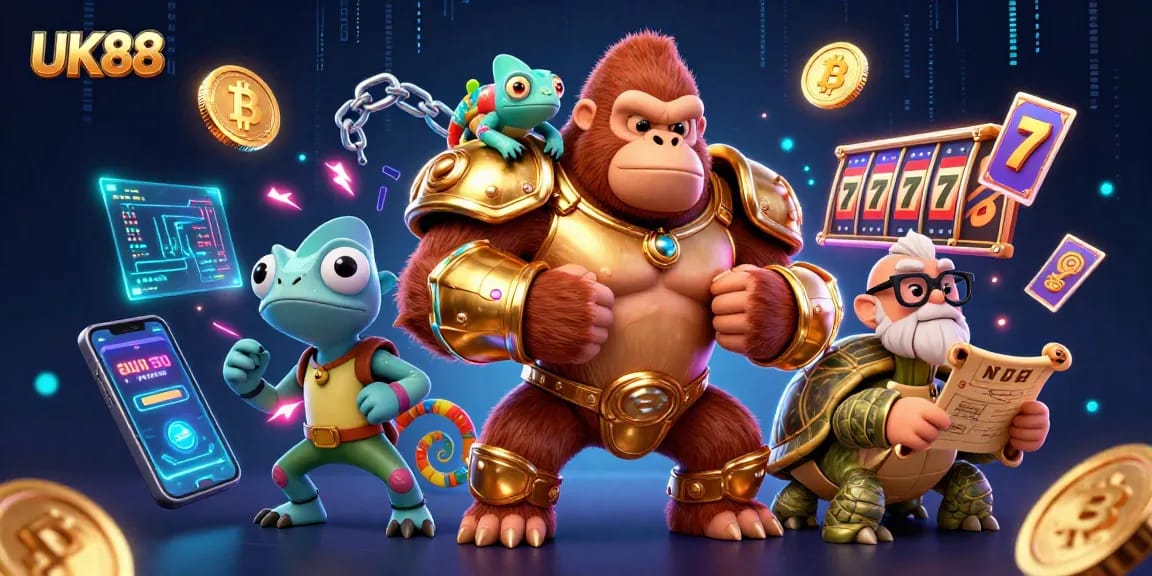 Engage with exhilarating UK88 casino action featuring vibrant characters, slot games, and crypto elements.