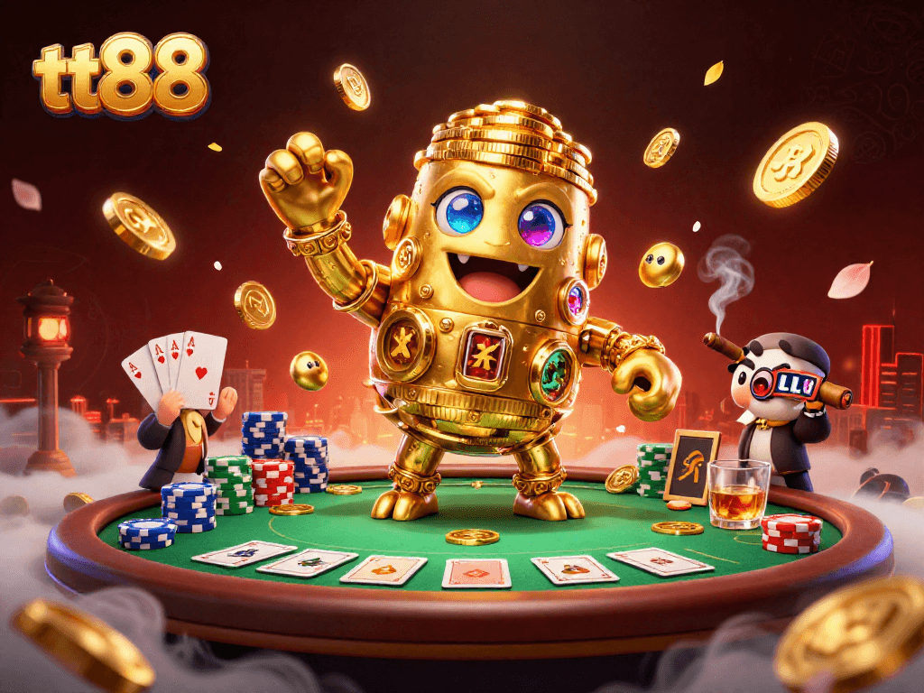 Experience thrilling gameplay at tt88 with a vibrant 3D golden golem amidst casino elements.
