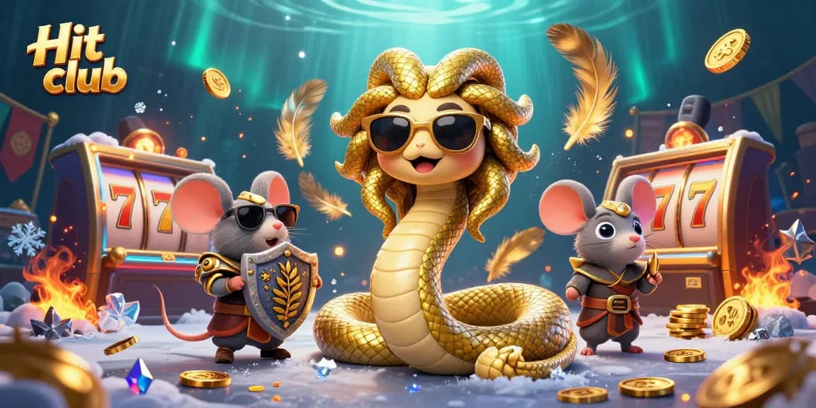 Join the fun at Hit club where Medusa and friends celebrate with golden tokens and lively slot reels!