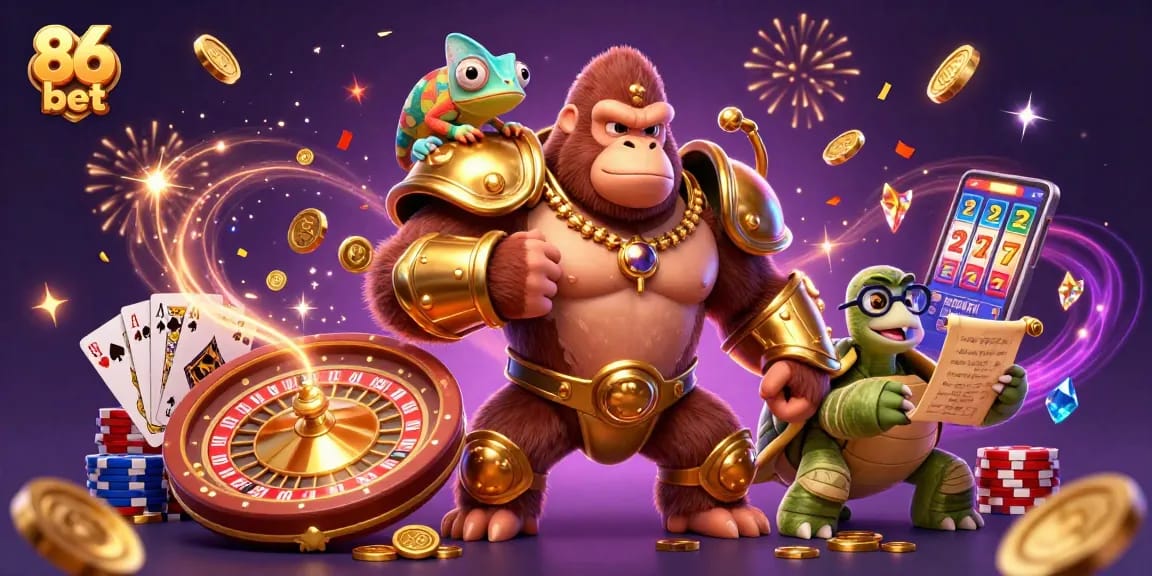 Experience the thrill of 86 bet with a vibrant casino scene featuring characters amidst cascading coins, cards, and festive energy.