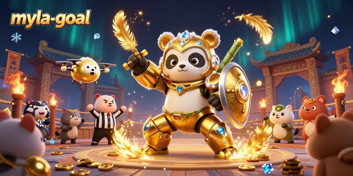 Experience the excitement of myla-goal in this vibrant arena with cheering animal spectators and dynamic gaming elements.