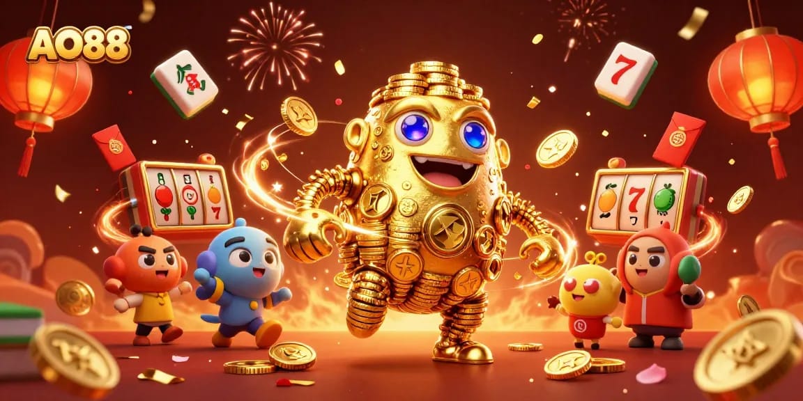 Experience AO88's vibrant gaming scene with a golden golem and dynamic slot symbols.