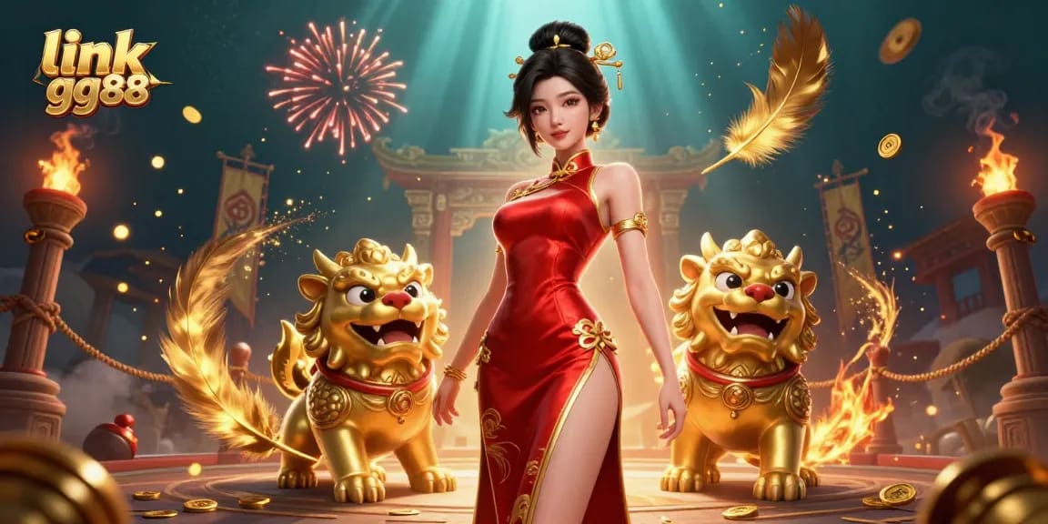 Experience the excitement of link gg88 with a glamorous Asian woman and casino guardians in a vibrant, dynamic scene.