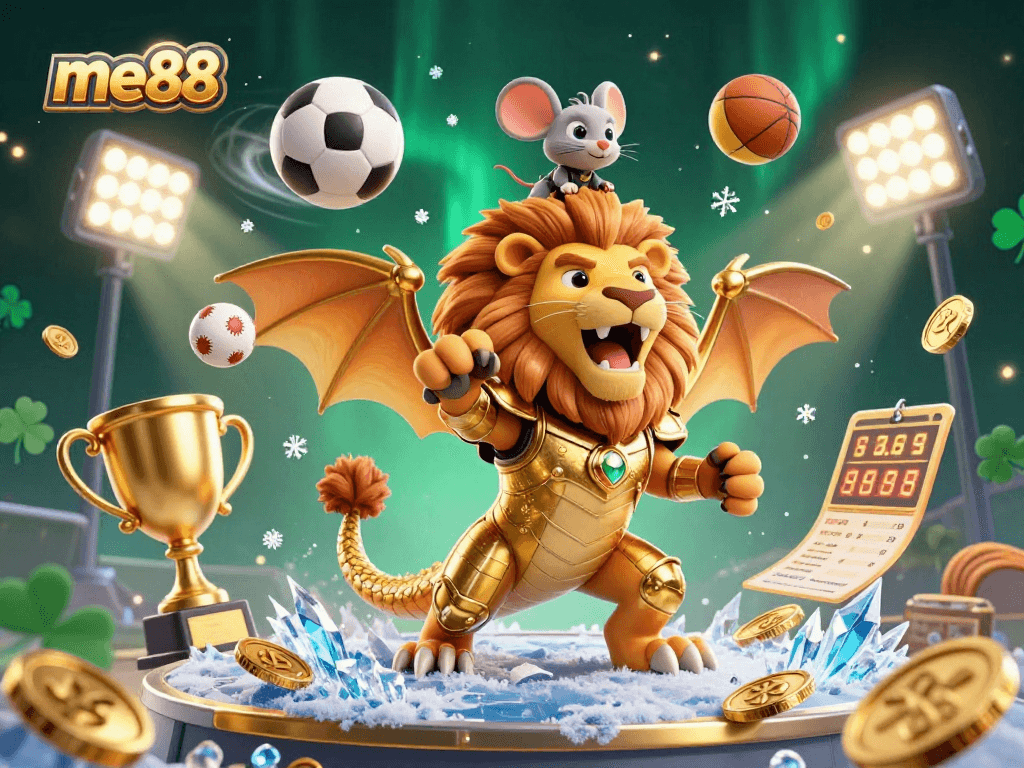 Engage with me88's dynamic online gaming experience featuring a roaring chimera, sports elements, and vibrant visuals.