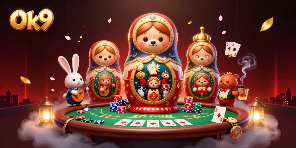 Experience thrilling casino action with Ok9's vibrant 3D gaming scene featuring Matryoshka bears.