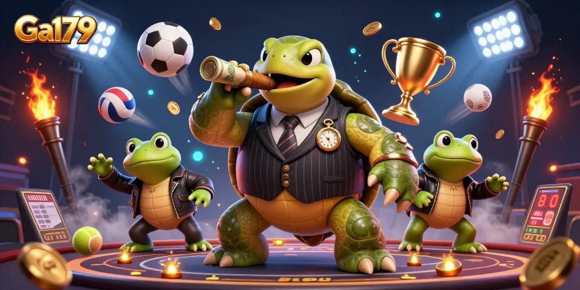 Engage in thrilling Ga179 cockfighting action with dynamic visuals of snapping turtle and bullfrogs under casino lights.