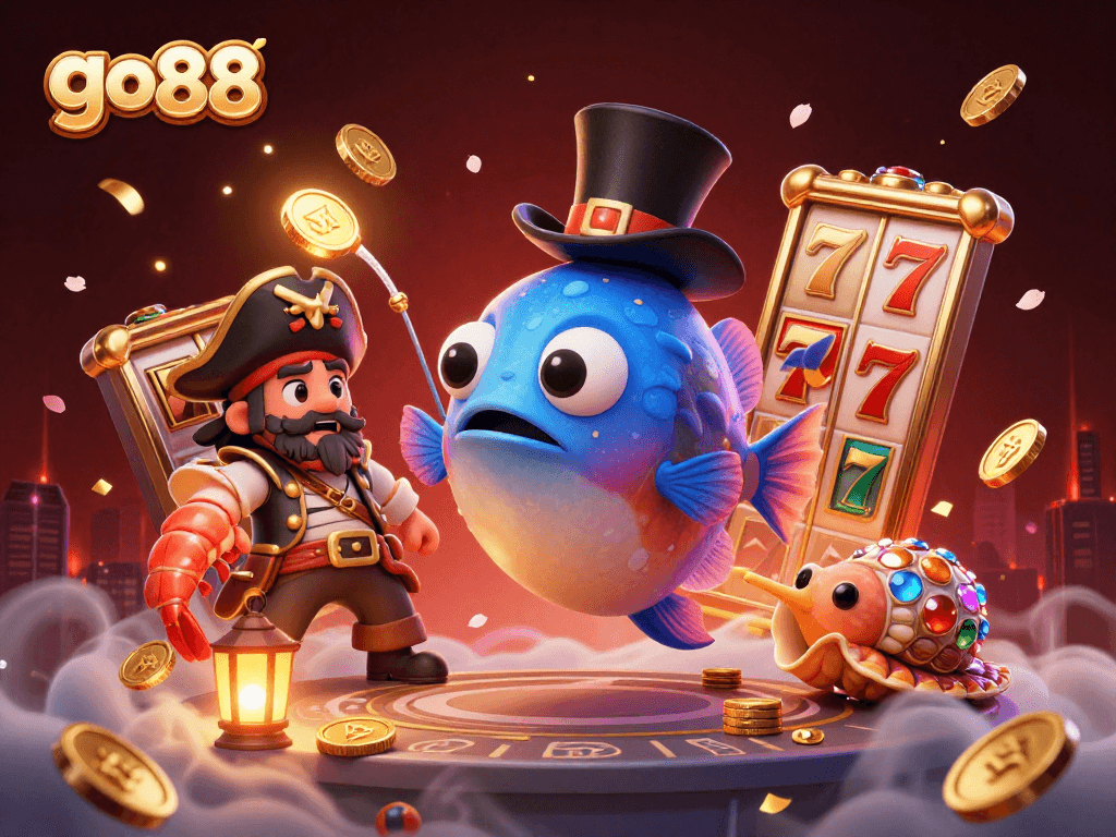 Engage with go88's vibrant slots, featuring an anglerfish, pirate shrimp, and treasure snail in a dynamic 3D scene.
