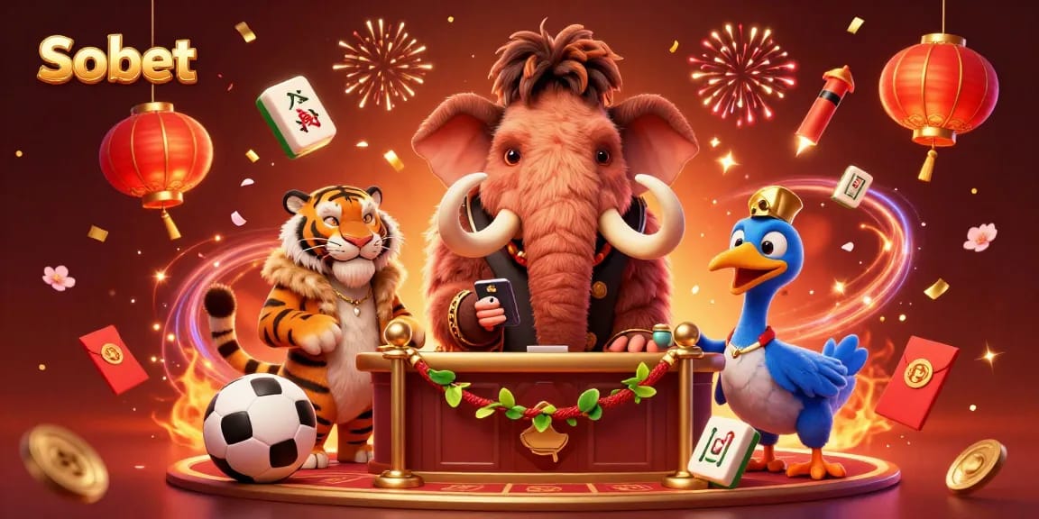 Sbobet Interactive scene with a woolly mammoth bouncer, saber-tooth tiger VIP, and dodo bird doorman at a sports betting event.