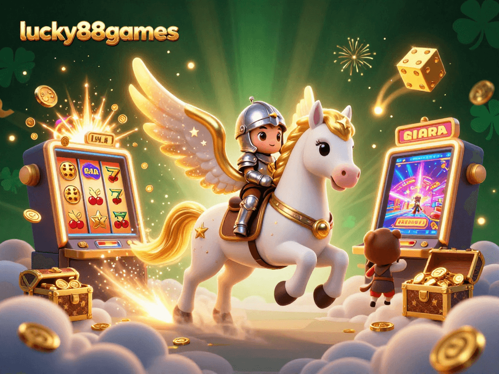 Experience thrilling wins with lucky88games as the celestial horse gallops through a vibrant casino landscape.