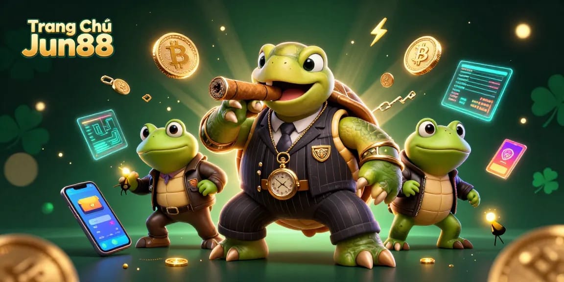Experience the thrill of gaming with Trang Chủ Jun88 featuring vibrant 3D casino characters and crypto elements.
