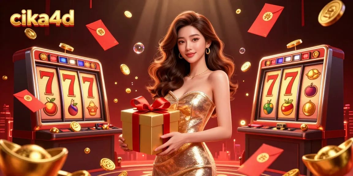 Engage with cika4d's vibrant Lunar New Year casino scene featuring a welcoming Asian woman with golden coins.