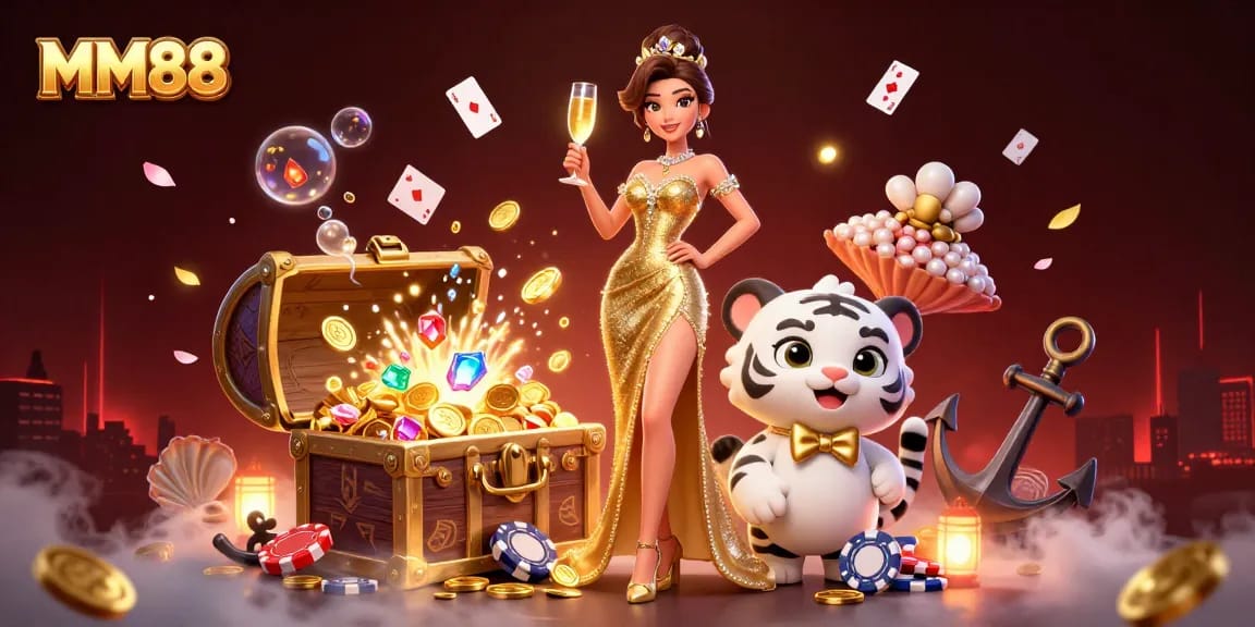 Win exciting prizes and chances at MM88 with a vibrant scene of a glamorous woman and lucky tiger.