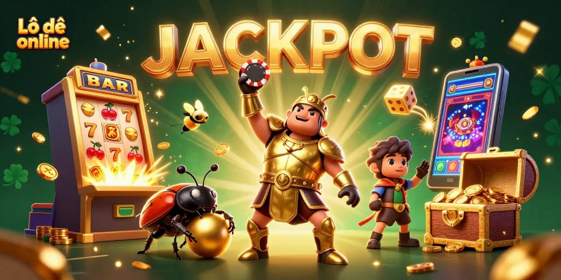 Experience the thrill of Lô đề online with a massive jackpot illustration featuring victorious characters and dynamic casino elements.