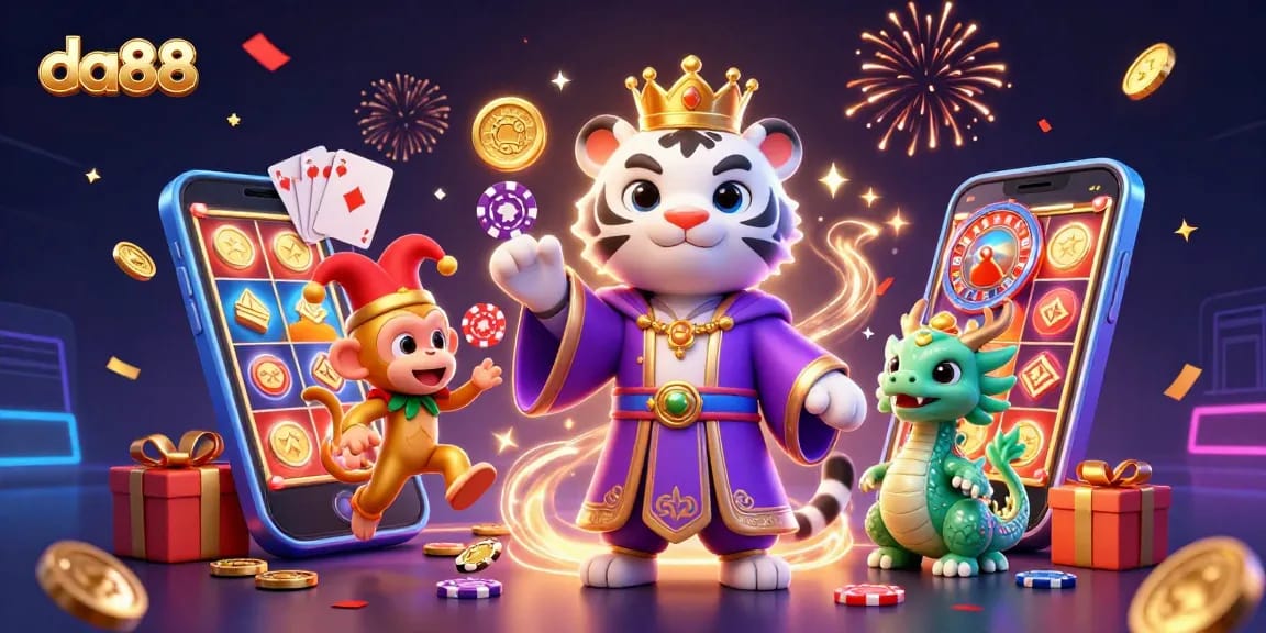 Experience da88 excitement with a lively casino scene featuring playful characters and vibrant game elements.