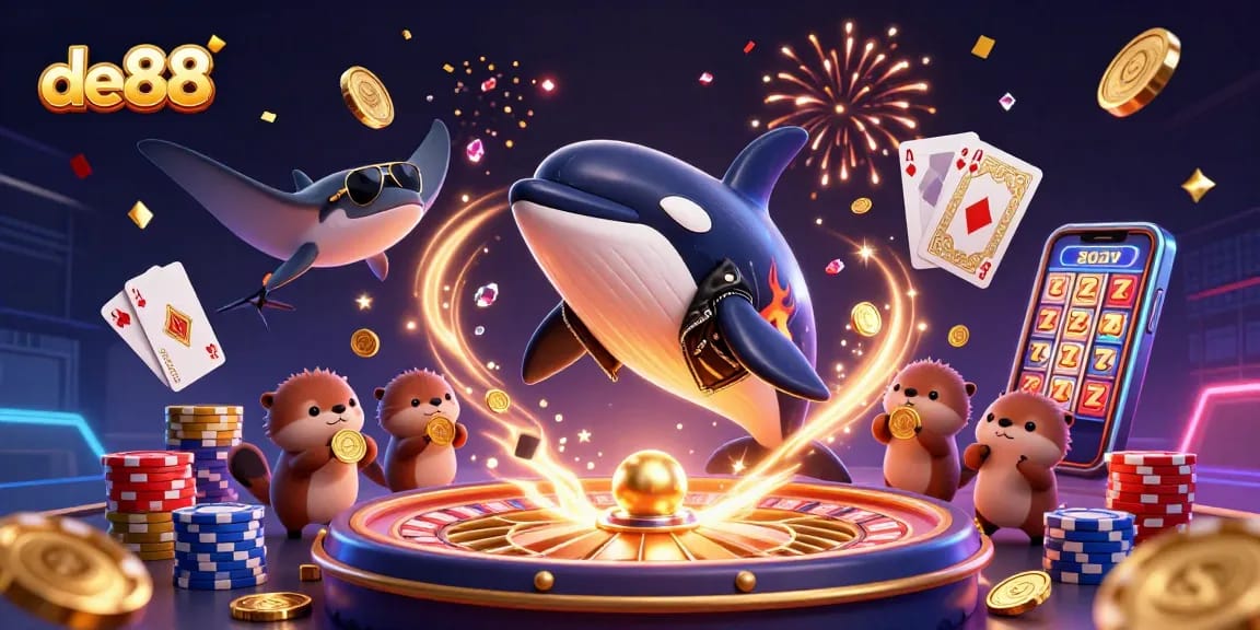 de88 orca whale and sea otters collecting coins in a vibrant casino scene.