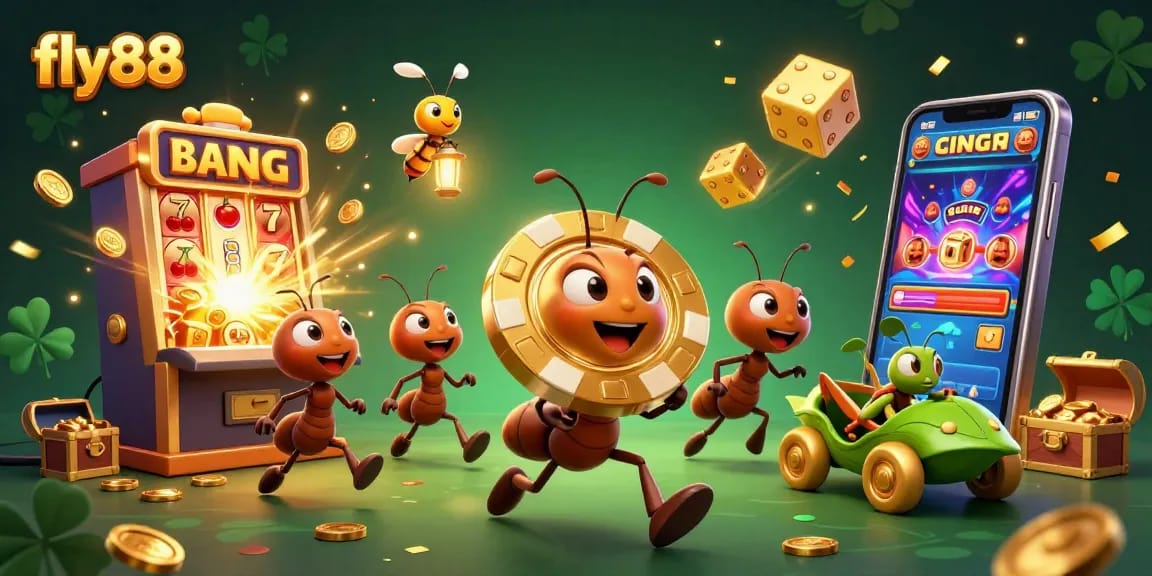 Haul in richness at fly88 with cartoon ants escaping a slot jackpot explosion.