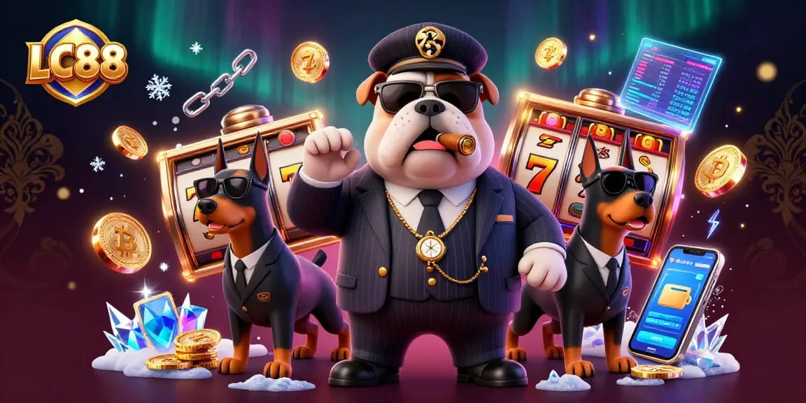 LC88 features a mafia-themed casino scene with a bulldog and Dobermans showcasing slot excitement and crypto elements.