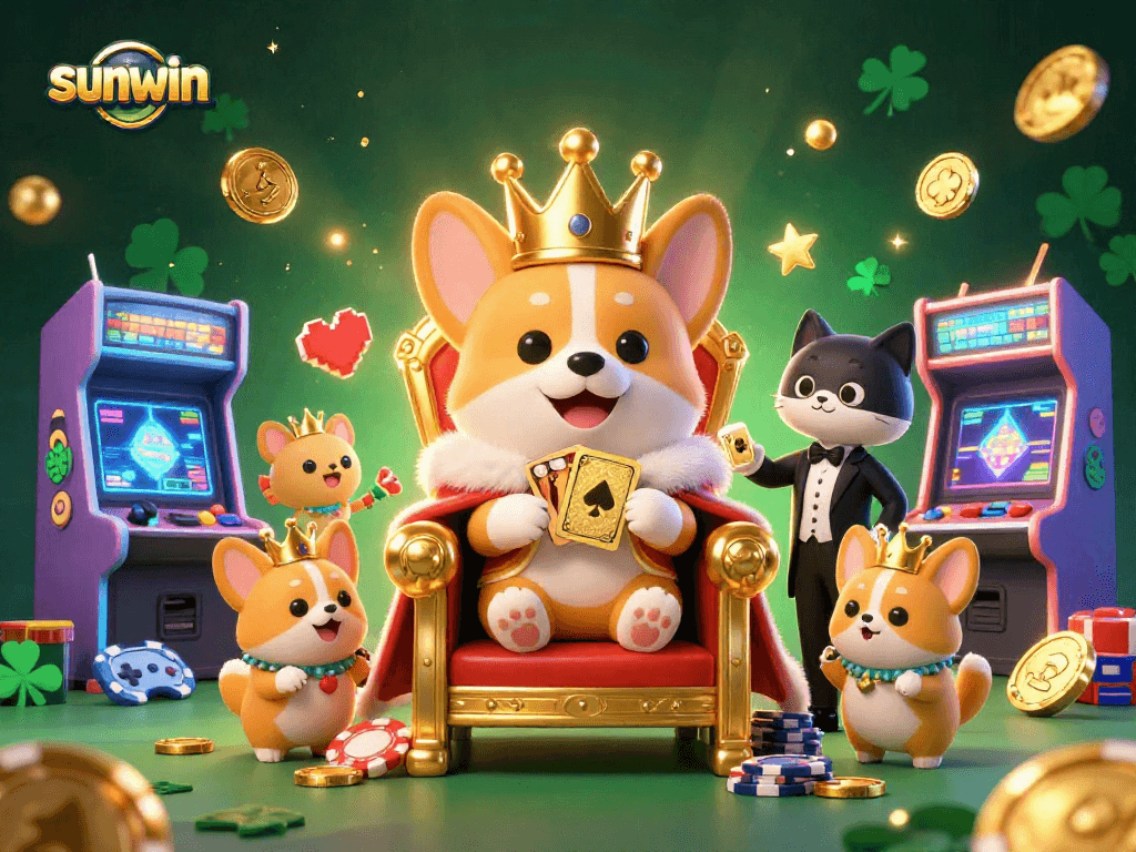 Win at Sunwin with a royal corgi throne and dynamic casino game elements.