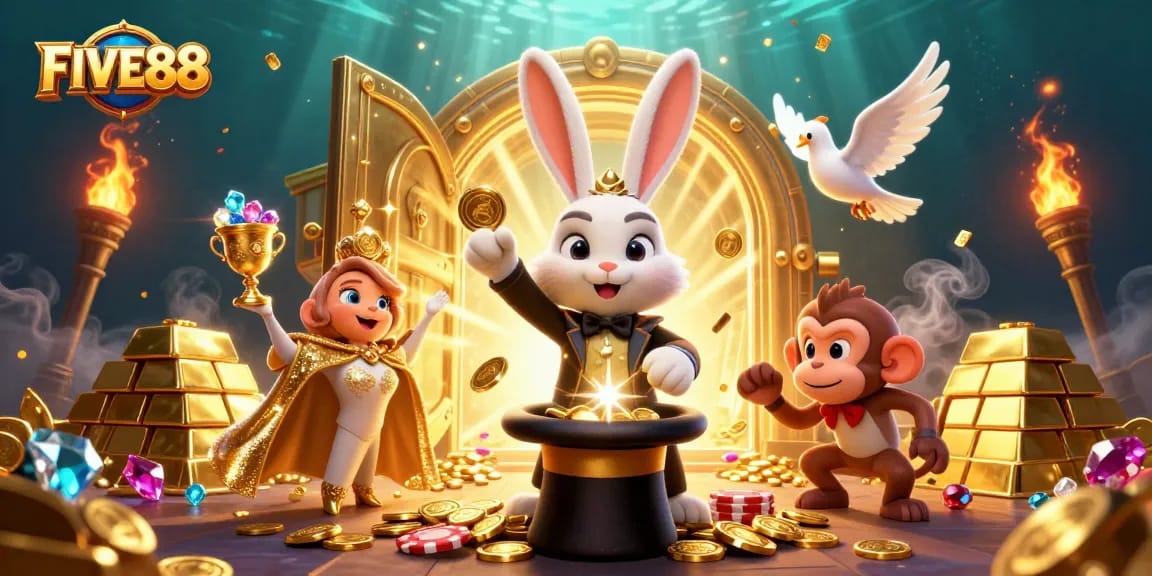 Win big with FIVE88's dynamic casino showcase featuring an engaging magician, dove, and monkey.
