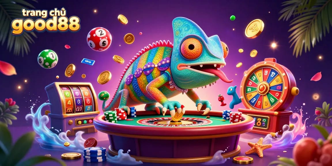 Play exciting games at trang chủ good88 with dynamic lottery balls and the charming chameleon casino owner.