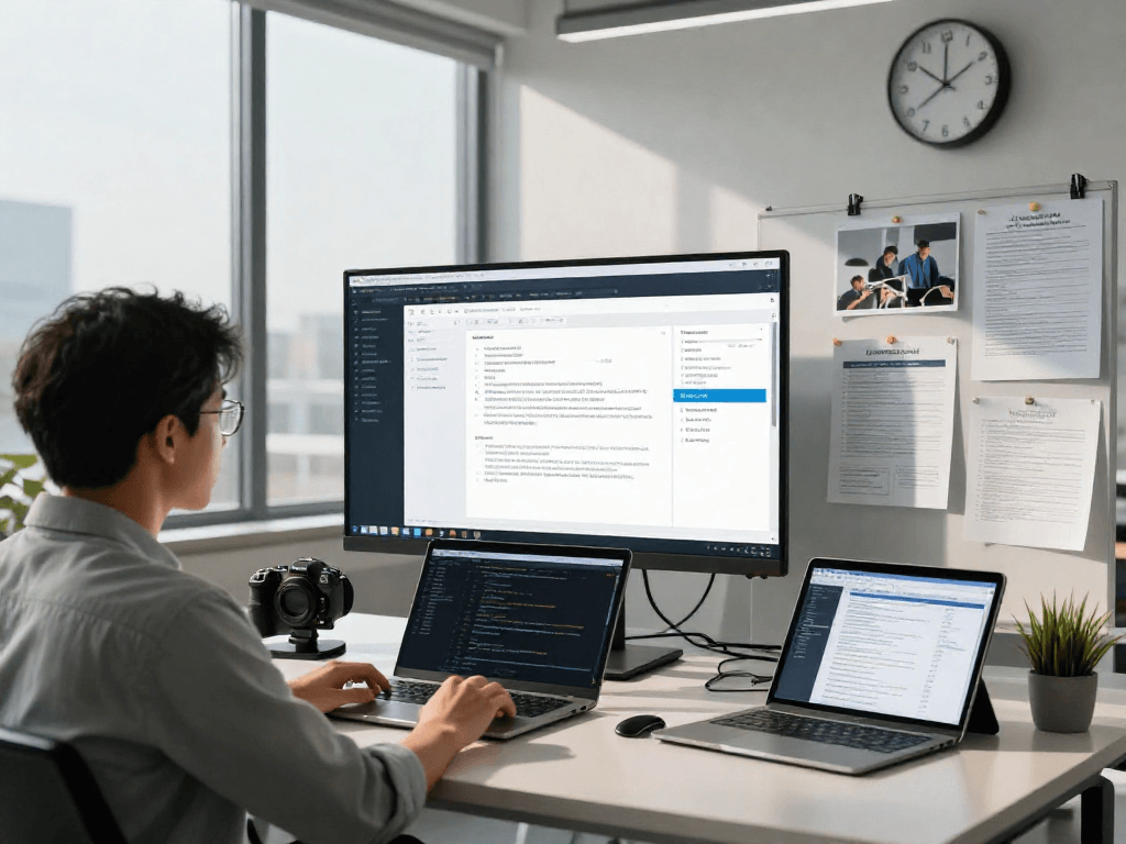 Document fraud detection in action, analyst examining software tools and verifying documents in a modern tech lab.